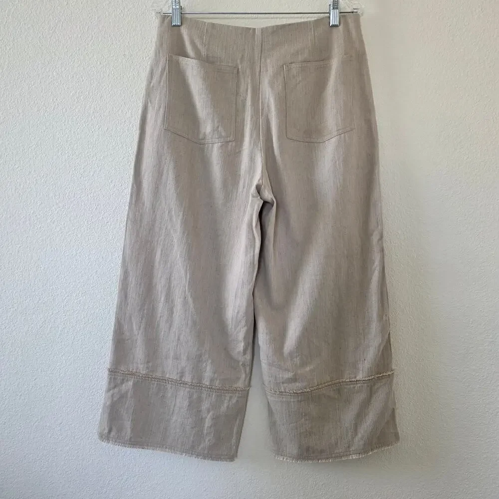 Zara Wide Leg Pants Beige Women Size L Linen Cotton Blend High Rise